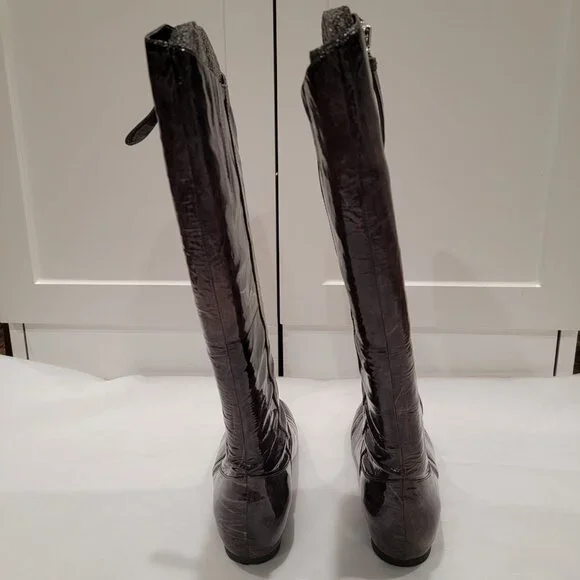 Ecco Patent Leather Riding Long Boots Zipper All season - Gray Brown Size 8